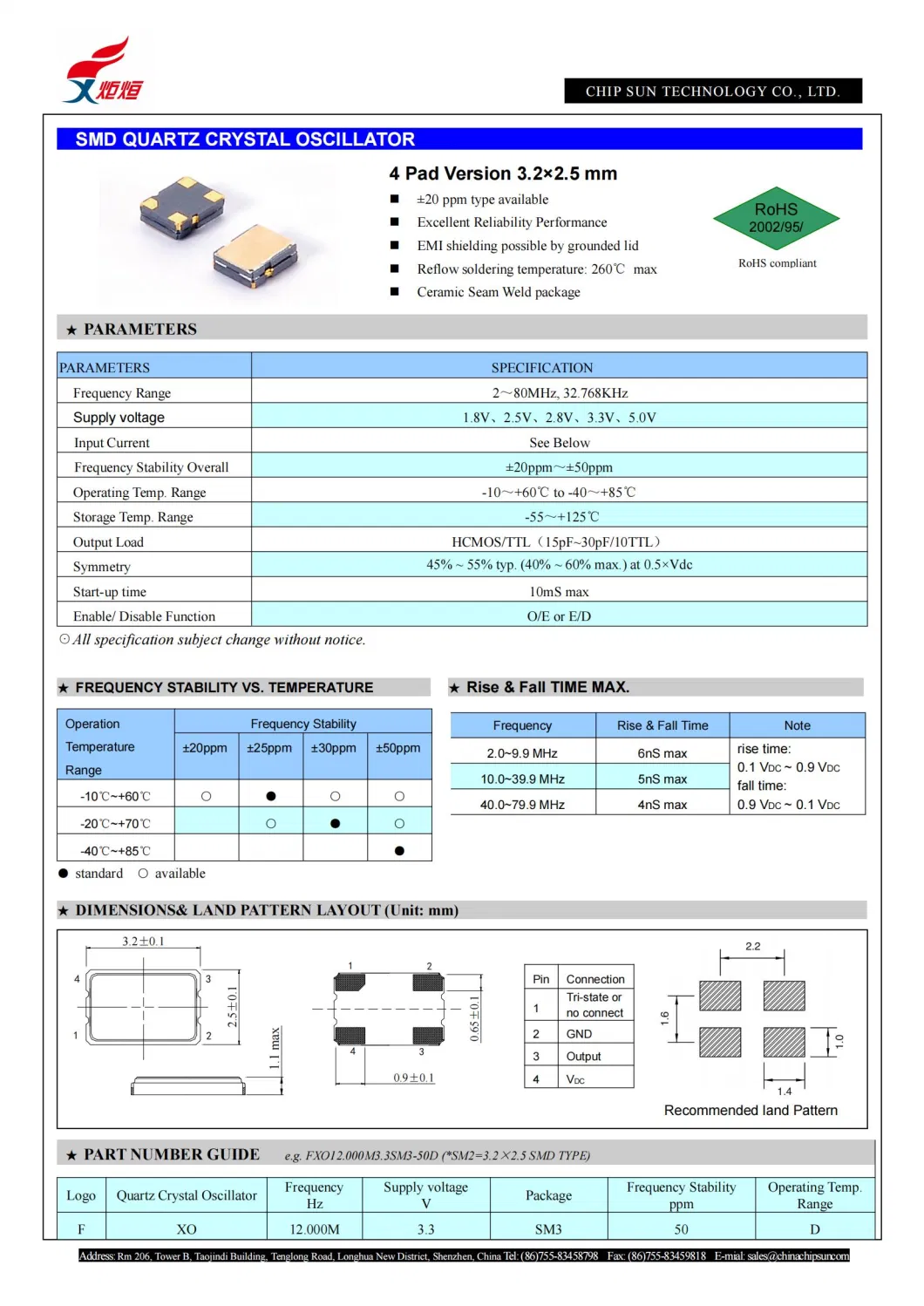 Chip Sun Manufacturer of Osc-SMD3225 32.768kHz 1.8V 3.3V Active Component Frequency Device Crystal Oscillator